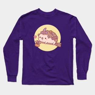 Cute Little Hedgehog Witch Flying On A Broom Halloween Long Sleeve T-Shirt